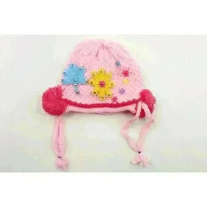 HAND knitted girl hat with knitted applique with beads for 3-6 year old. NEW.